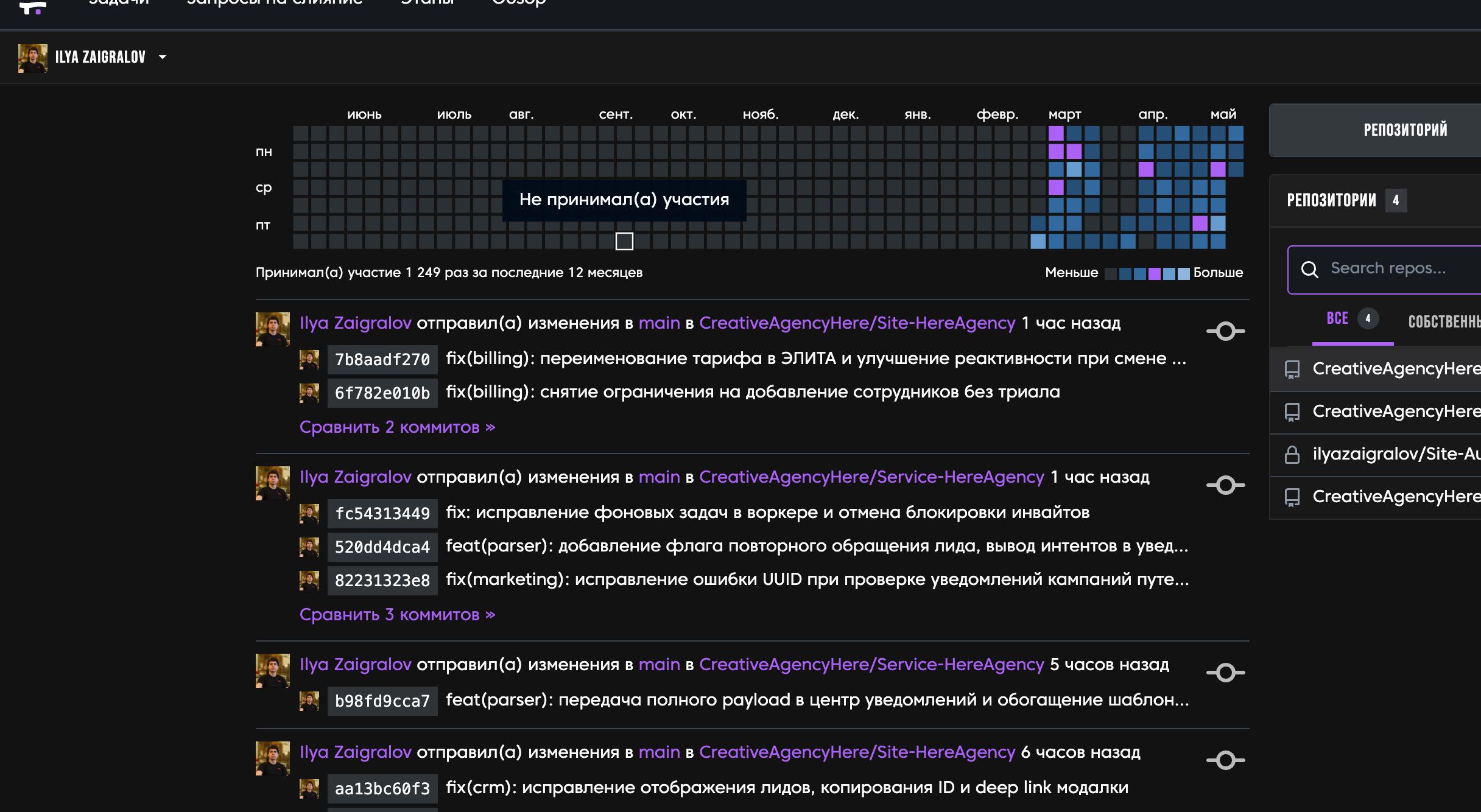 График активности GitHub с огромным количеством коммитов и логами разработки